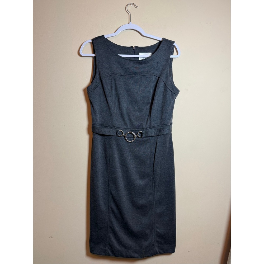 Vintage 90s Karin Stevens Gray Sleeveless Sheath Dress Belted Career Size 10
